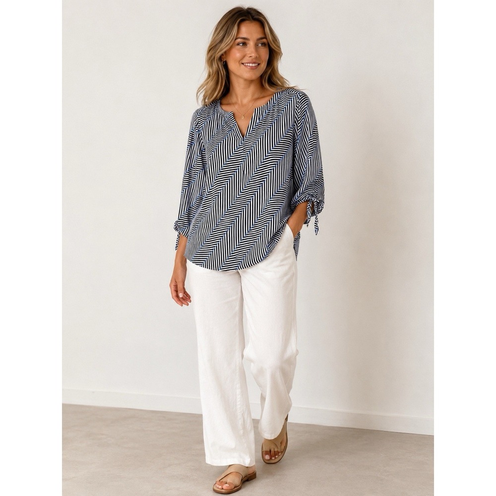 Talbots Herringbone Stripe Tie Sleeve Keyhole Neck Blouse Size Medium-Business